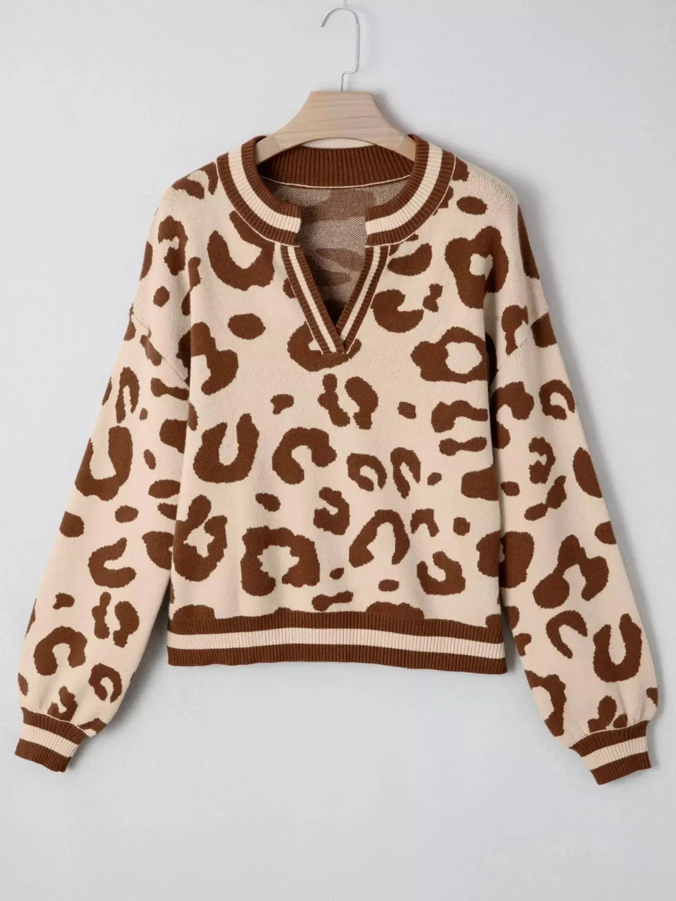Leopard Print Knit Sweater Notched V Neck Casual Cozy Top Simply Love