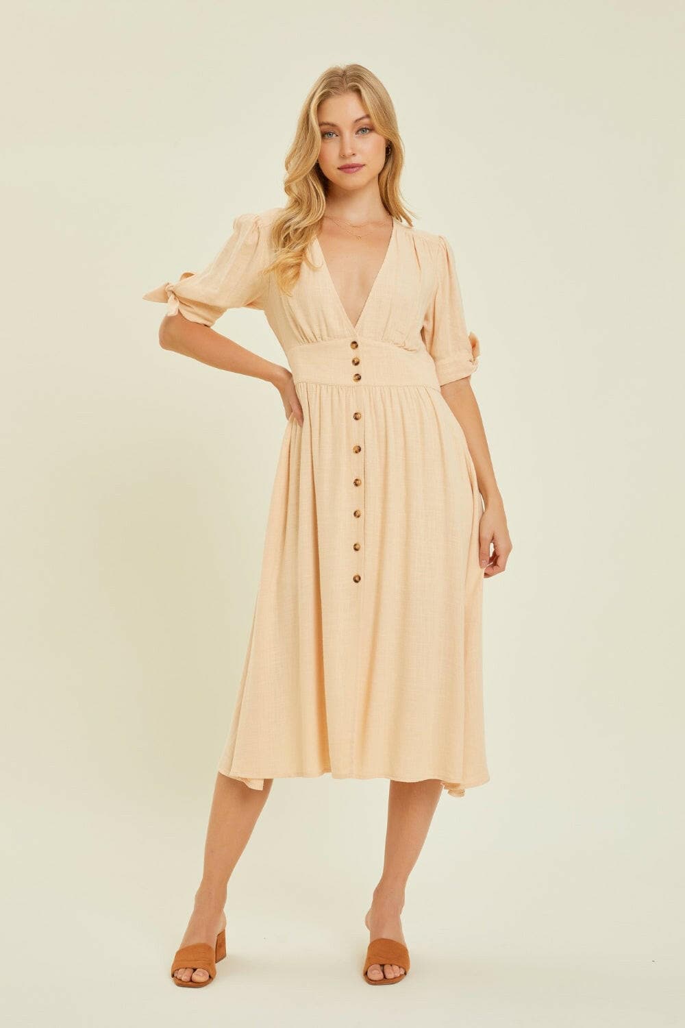 HEYSON Full Size Textured Linen V-Neck Button-Down Midi Dress.