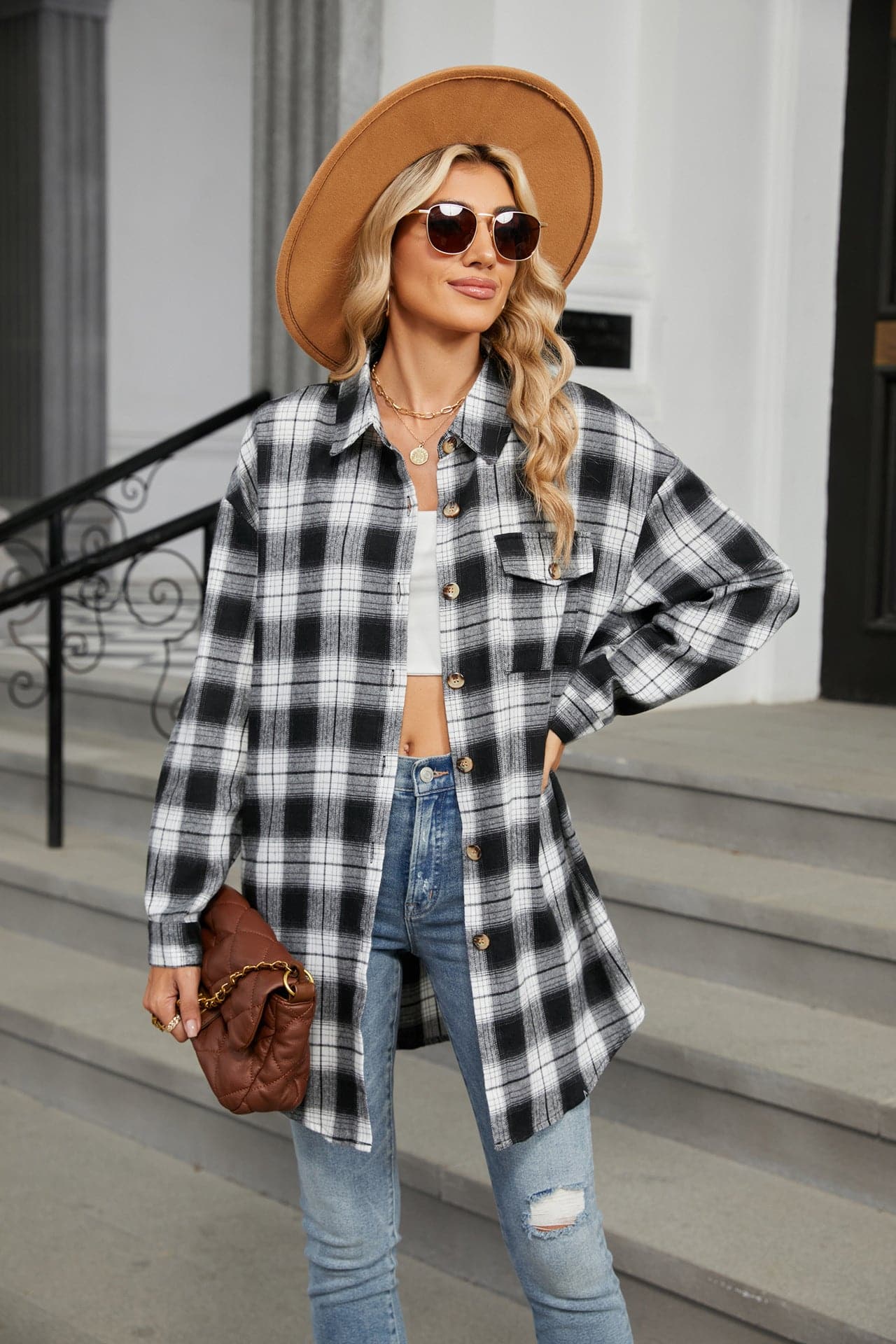 Plaid Collared Neck Long Sleeve Shirt.