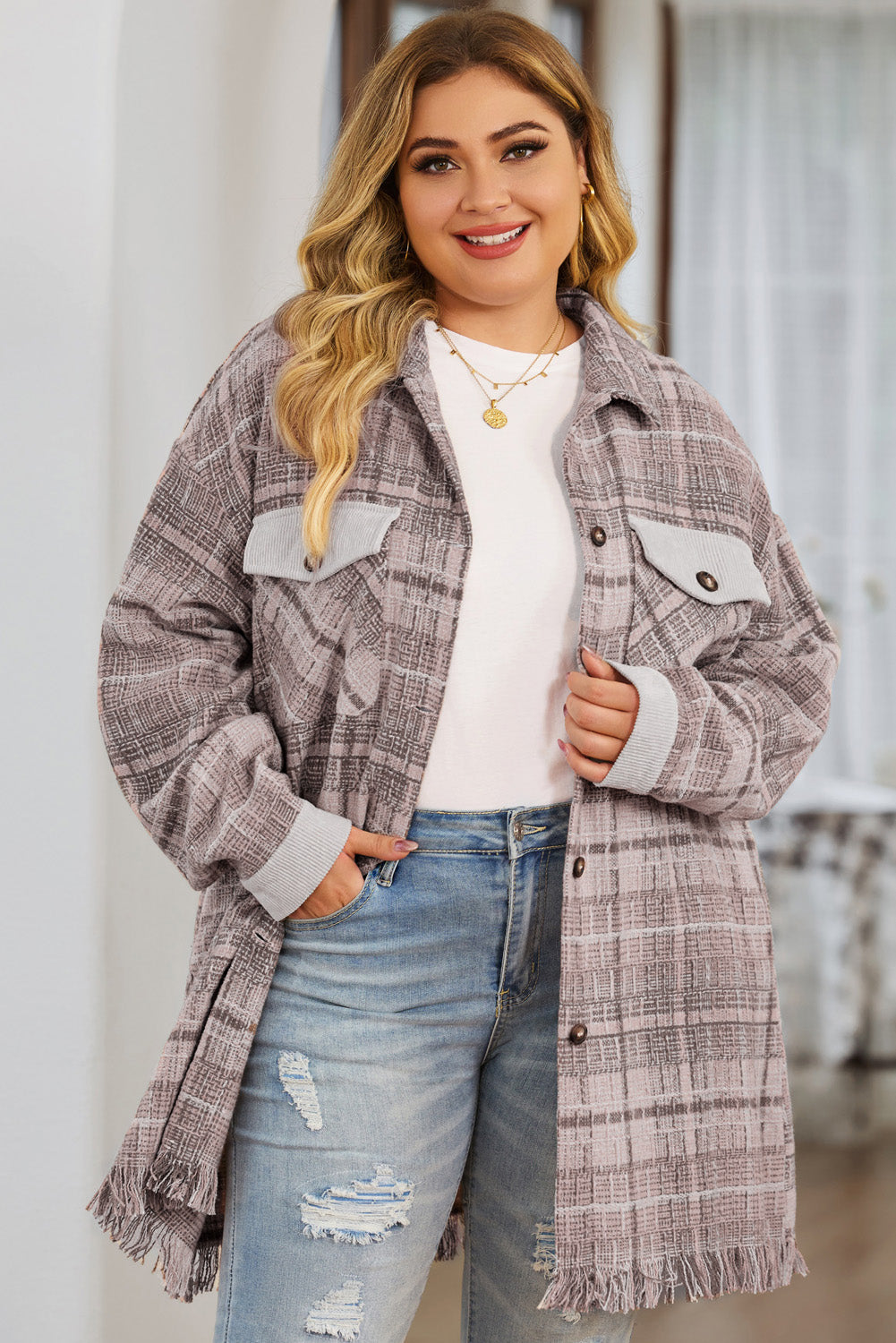 Chic pink macrame plaid coat in plus sizes