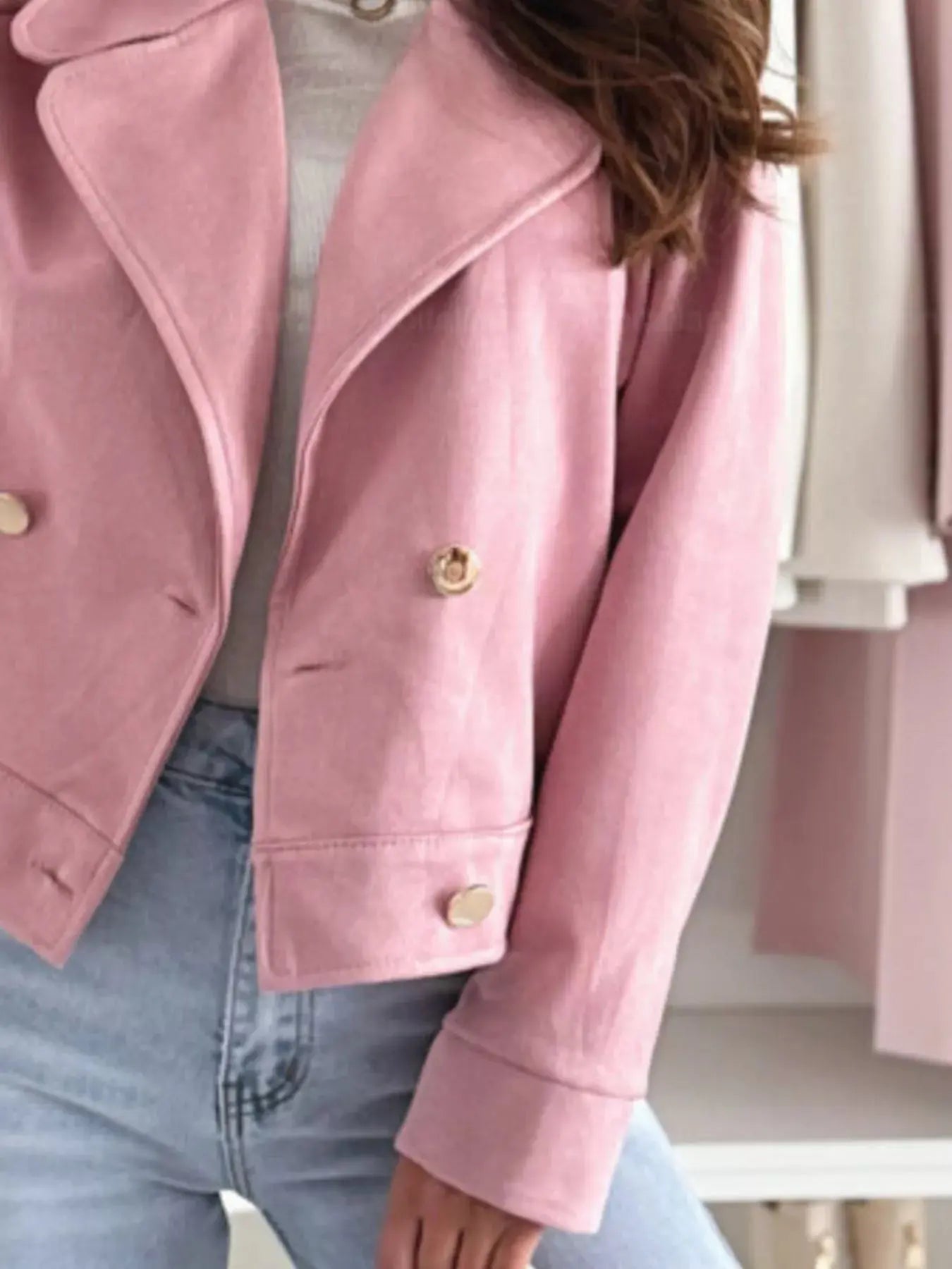 Beige Polyester Double Breasted Lapel Collar Jacket With Pockets Simply Love