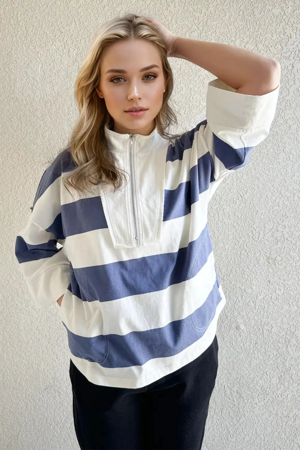 Oh Pima Cotton Wash Striped Half Zip Mock Neck Long Sleeve Top - Love Salve