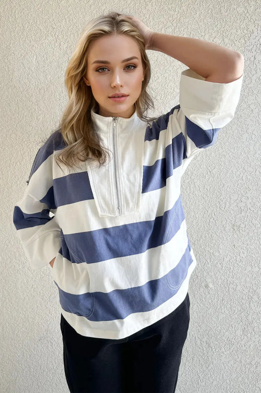 Oh Pima Cotton Wash Striped Half Zip Mock Neck Long Sleeve Top - Love Salve