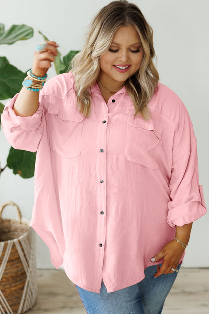 Chic pink plus size button-down shirt with flap pockets and roll-tab sleeves