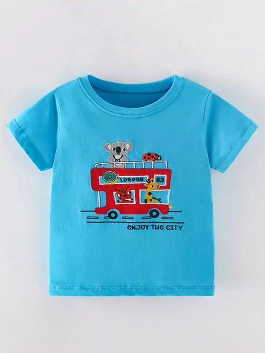 Children's Cartoon Bus Embroidery Short Sleeve T-Shirt Simply Love
