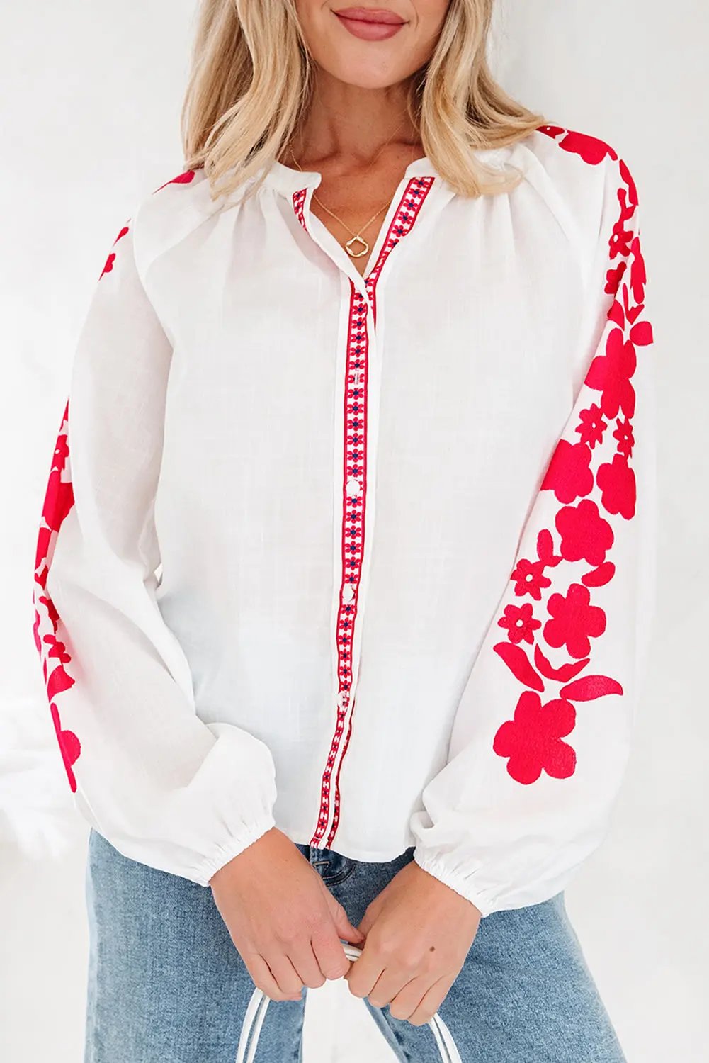 Premium White Floral Embroidered Puff Long Sleeve Casual Shirt Dear-Lover Dropshipping