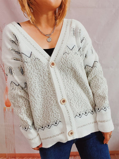 Geometric Button Front Long Sleeve Cardigan.