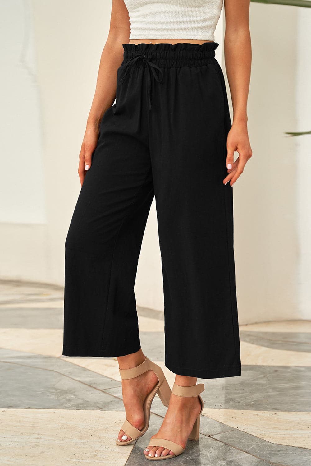 Drawstring Paperbag Waist Wide Leg Pants.