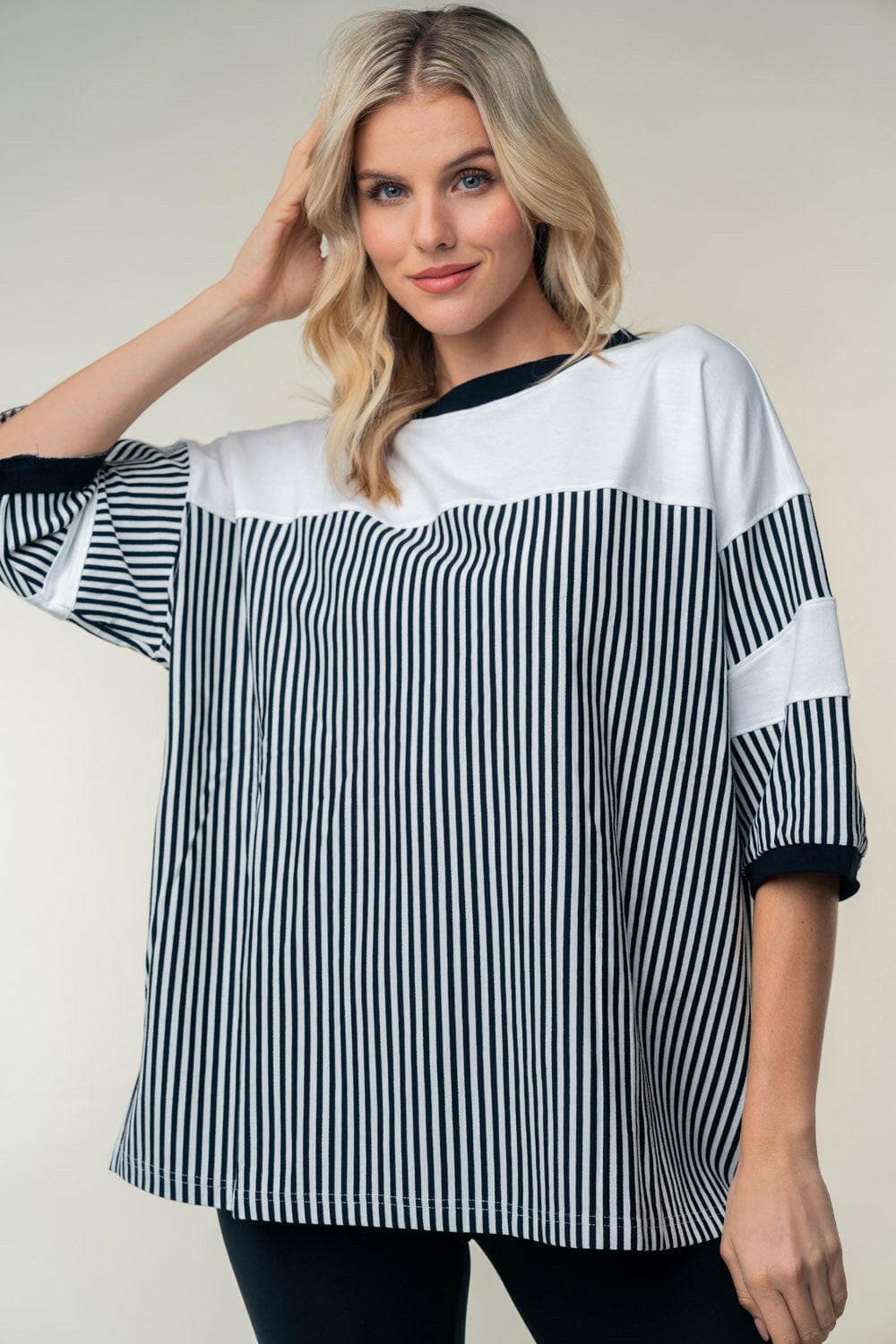 White Birch Full Size Striped Contrast Round Neck Top.