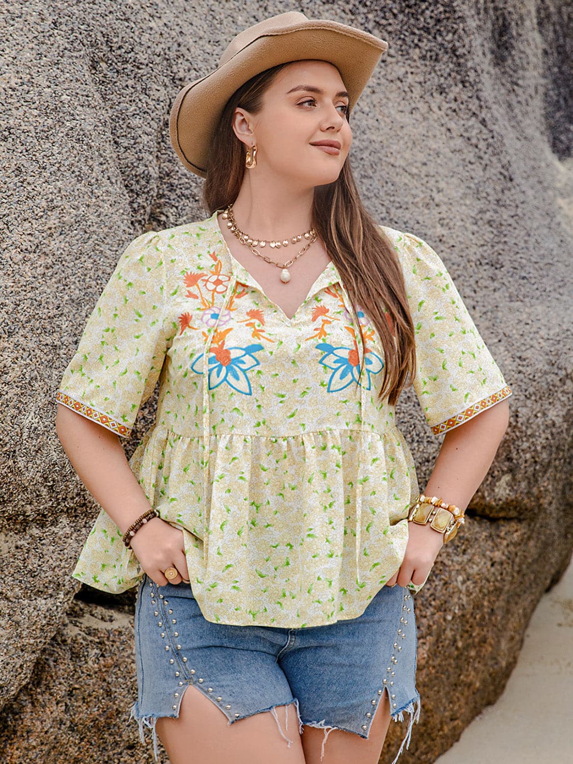 Plus Size Printed Tie Neck Half Sleeve Blouse.