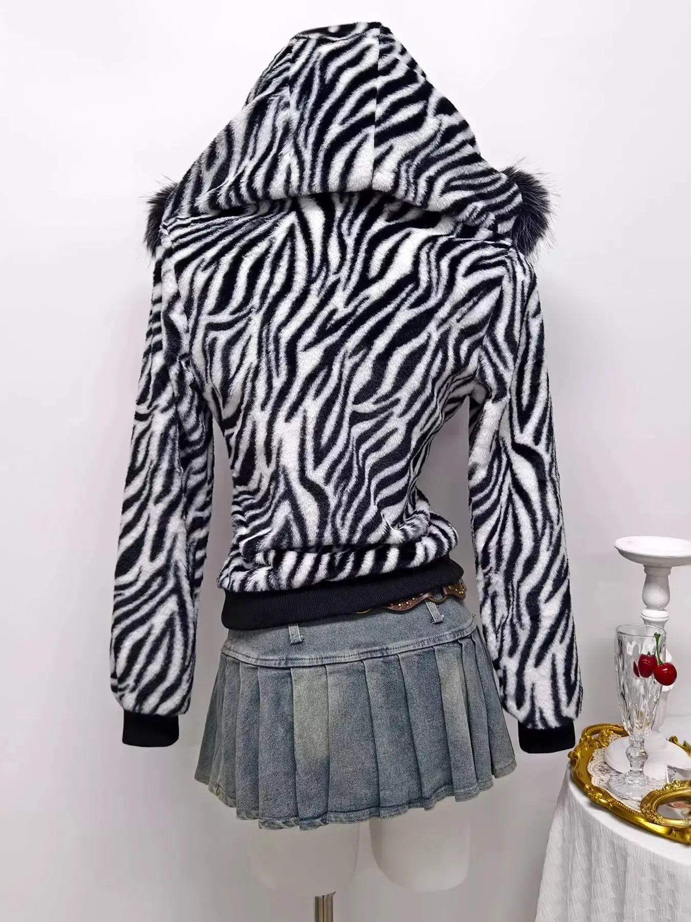 Zebra Faux Fur Hooded Zip-Up Outerwear Simply Love