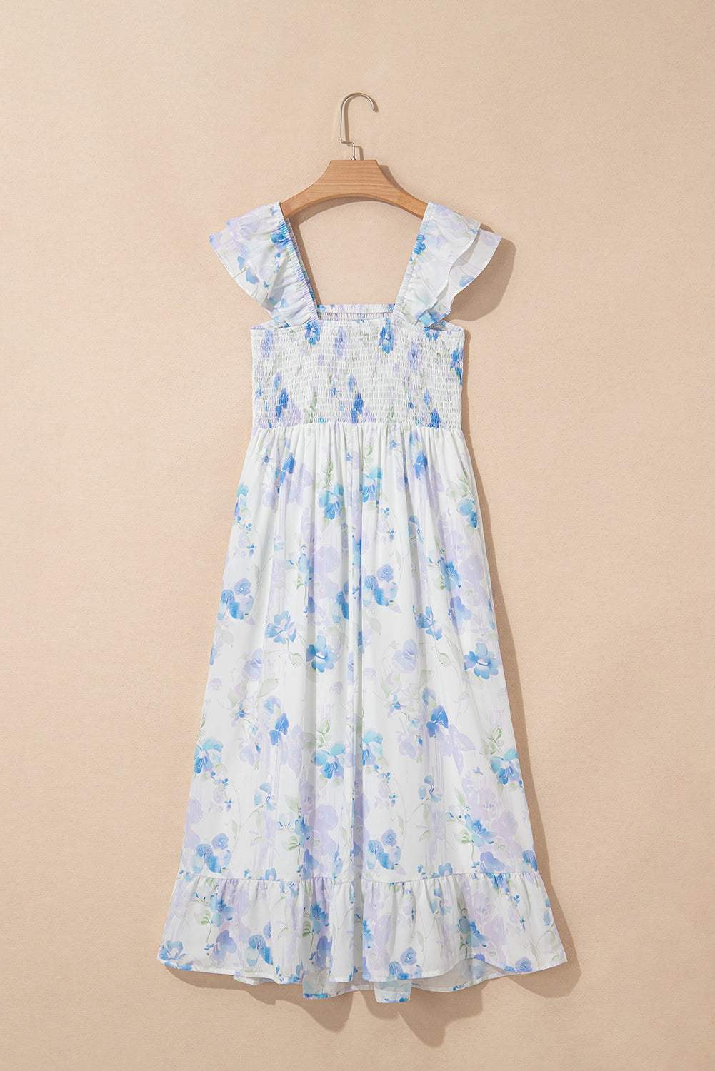 Sky Blue Floral Smocked High Waist Ruffle Sleeveless Dress