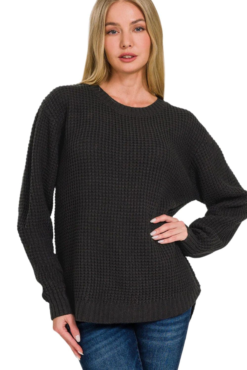 Zenana High Low Long Sleeve Waffle Sweater.