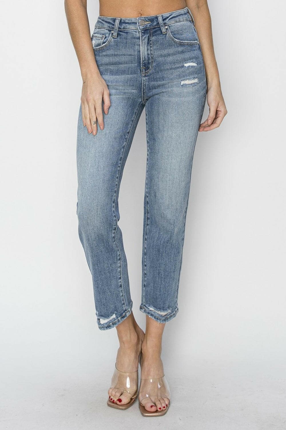 RISEN Full Size High Waist Distressed Cropped Jeans.