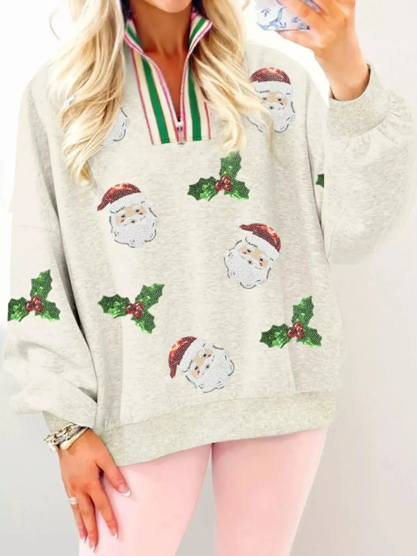 Sequin Santa Christmas Holly Patched Striped Trim Zip V Neck Sweatshirt Simply Love