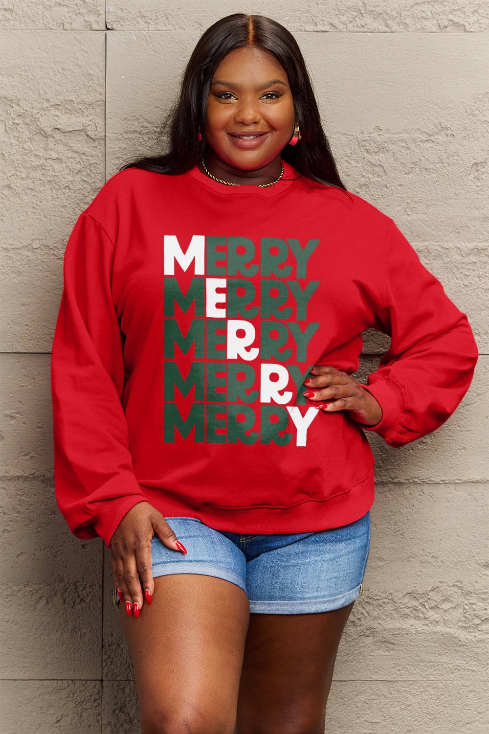 Simply Love Full Size MERRY Long Sleeve Sweatshirt.