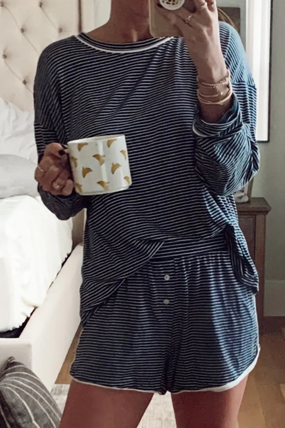 Blue Stripe Drop Shoulder Long Sleeve Tee And Buttoned Shorts Lounge Set 2pcs Dear-Lover Dropshipping