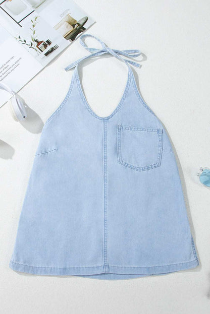 Beau Blue Knotted Open Back Halterneck Denim Tank Top