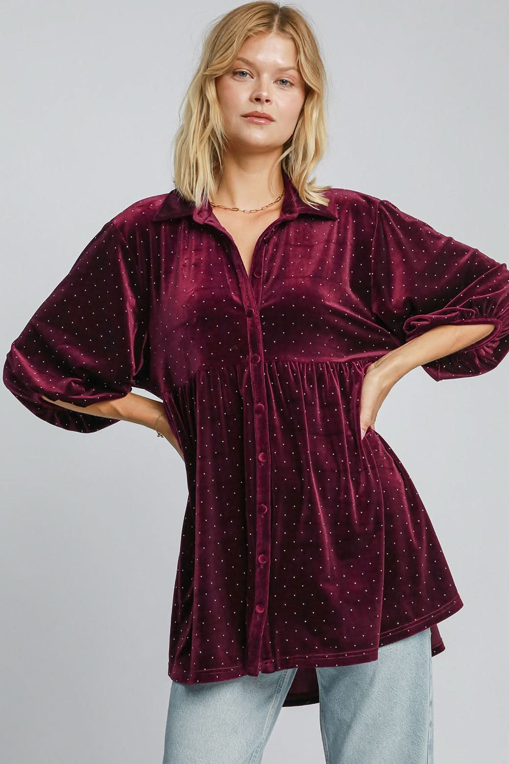 Polka Dot Button-Up Half Sleeve Blouse by Umgee