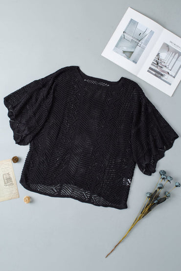 Openwork Round Neck Half Sleeve Knit Top.