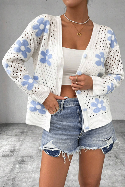 Floral Open Knit Short Cardigan in White