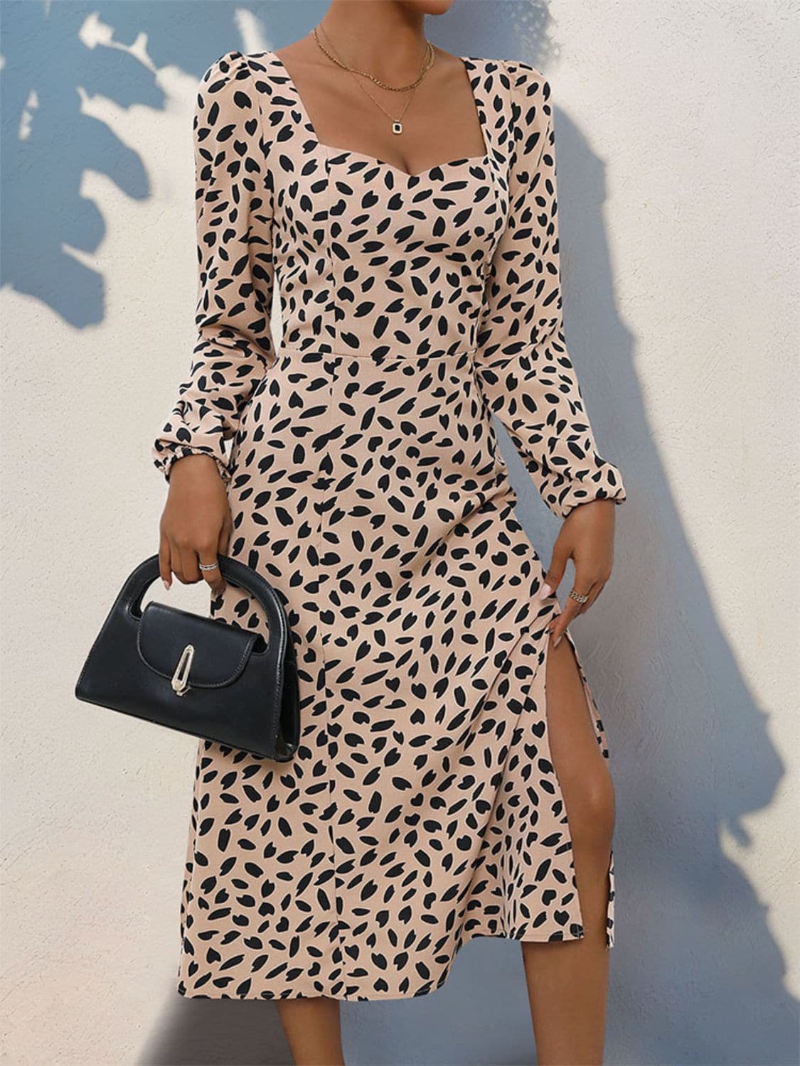 Tied Slit Printed Long Sleeve Midi Dress.