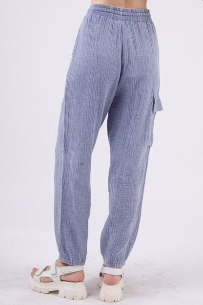 VERY J Washed Woven Crinkle Gauze Drawstring Cargo Pants.