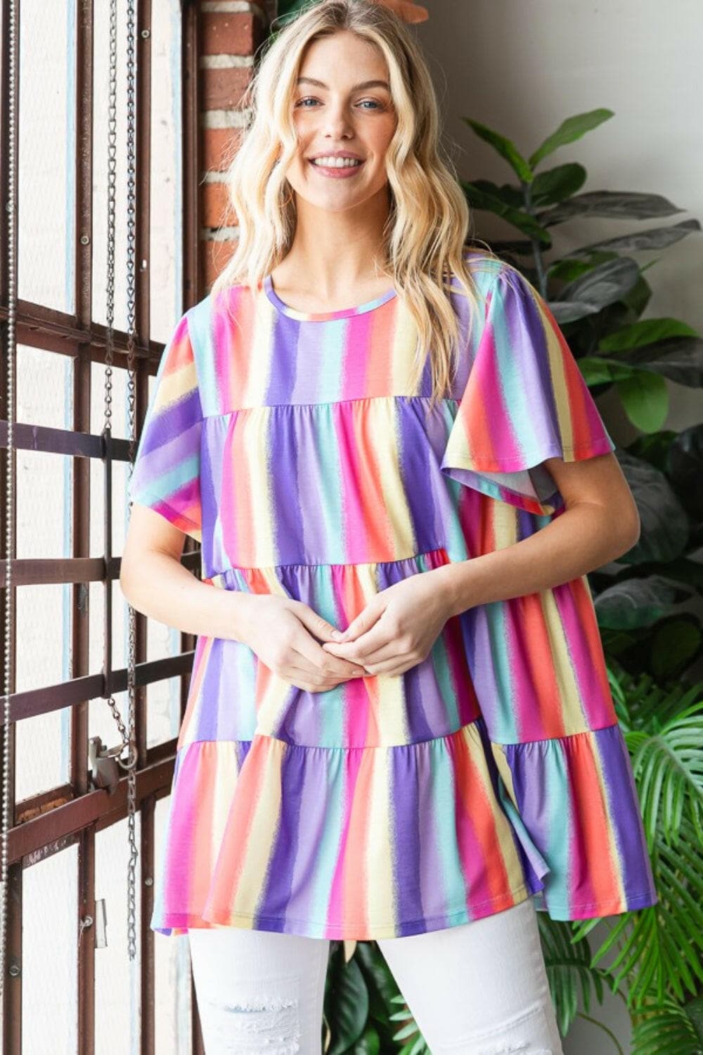 Heimish Full Size Short Sleeve Striped Tiered Top.