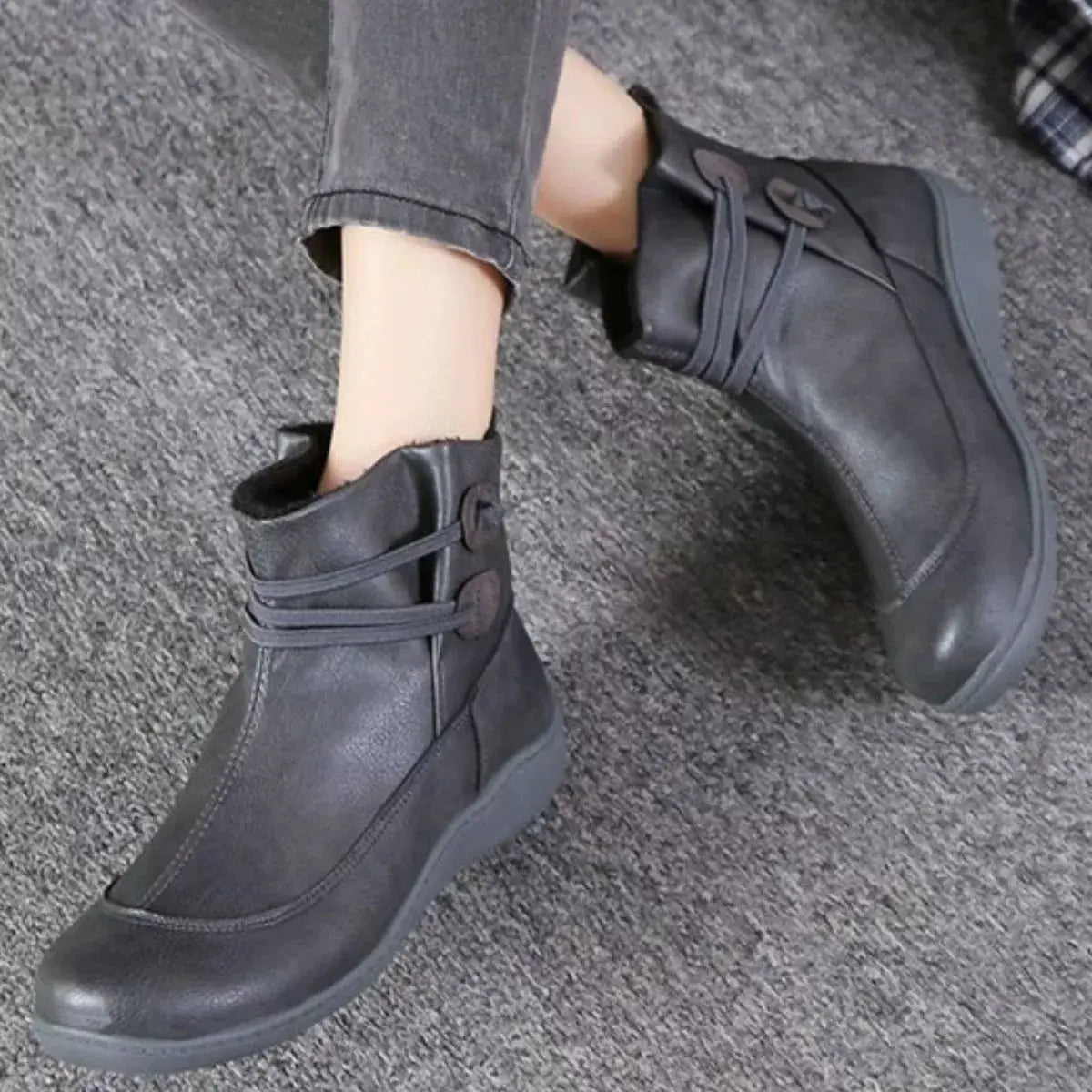 Women Button Detail Ankle Boots PU Leather Flat Heel Rubber Sole Simply Love