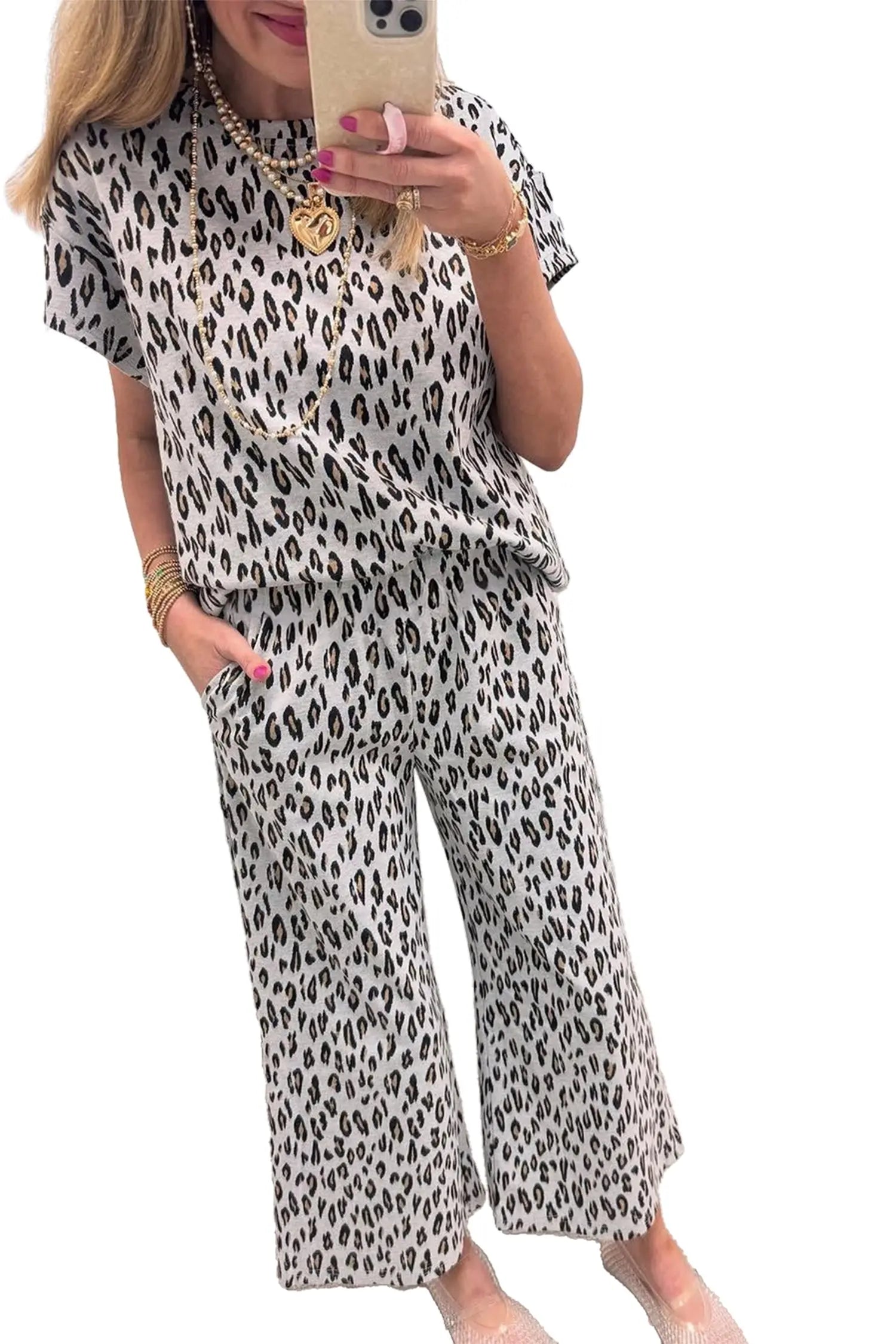 Beige Leopard Print 2pc Tee and Pants Set Casual Outfit Dear-Lover Dropshipping
