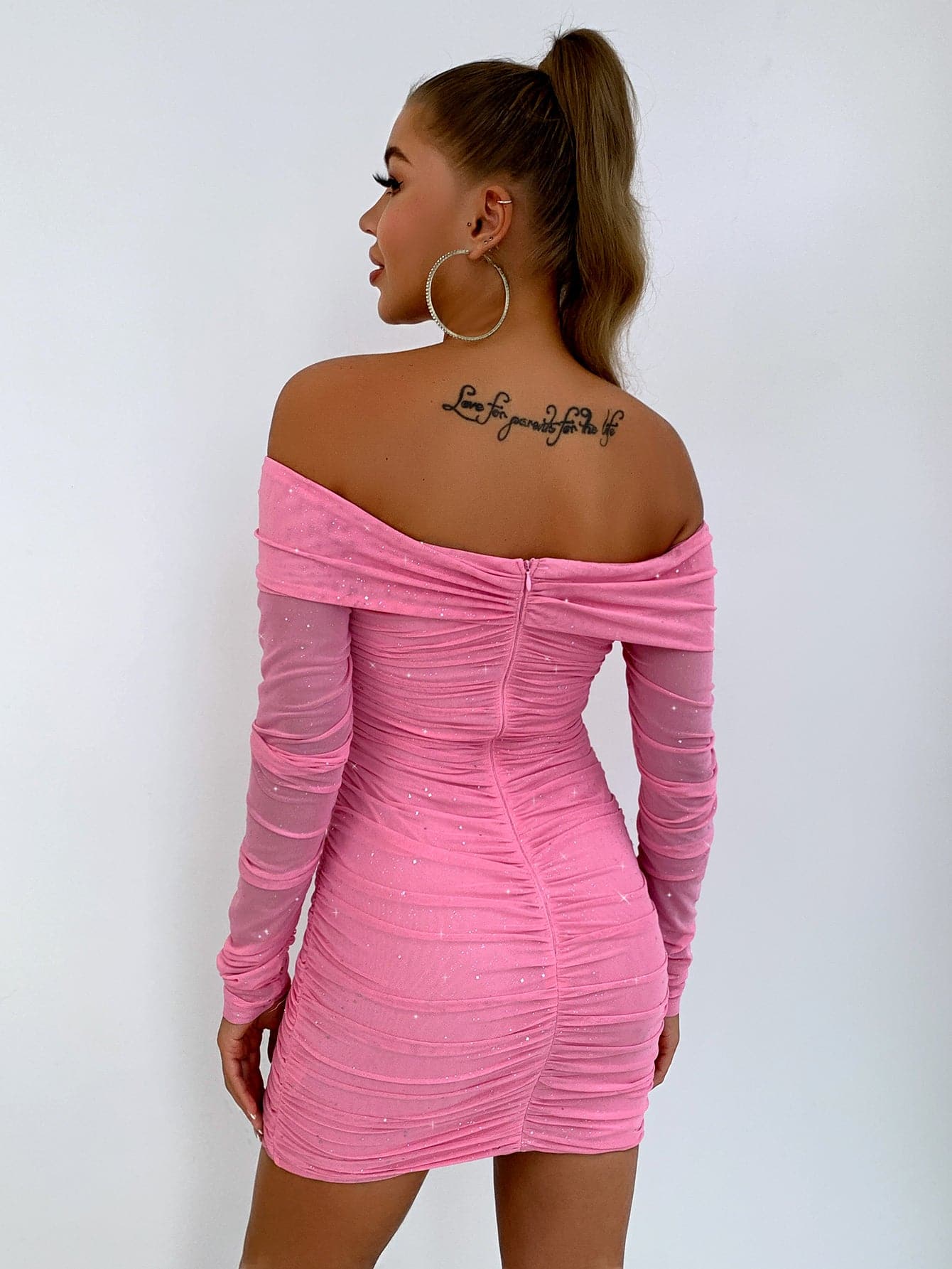 Glitter Ruched Off-Shoulder Long Sleeve Bodycon Dress.