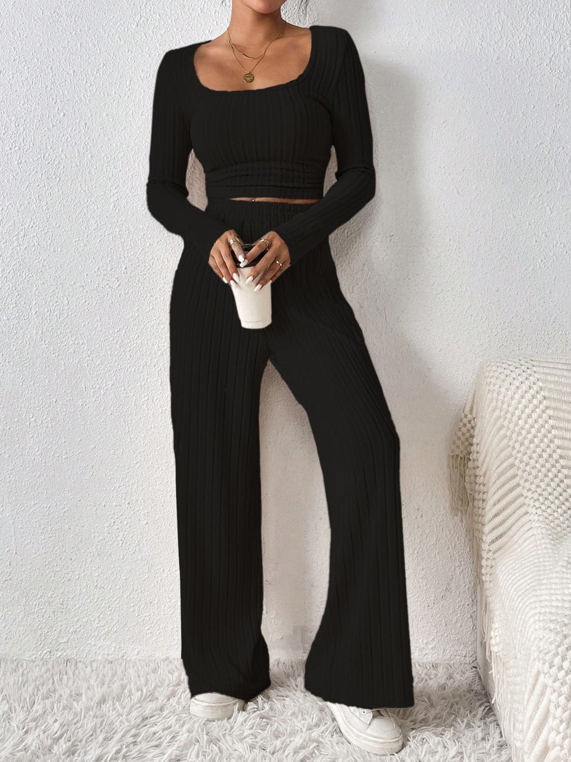 Cozy scoop neck long sleeve top and matching pants set