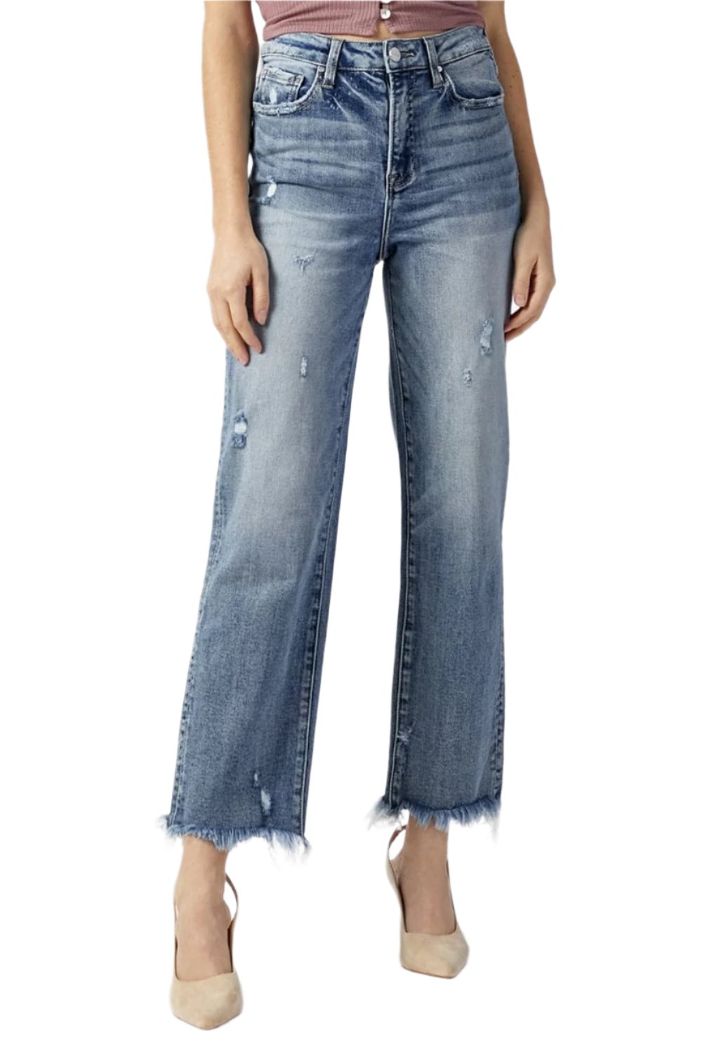 RISEN High Waist Raw Hem Straight Jeans.