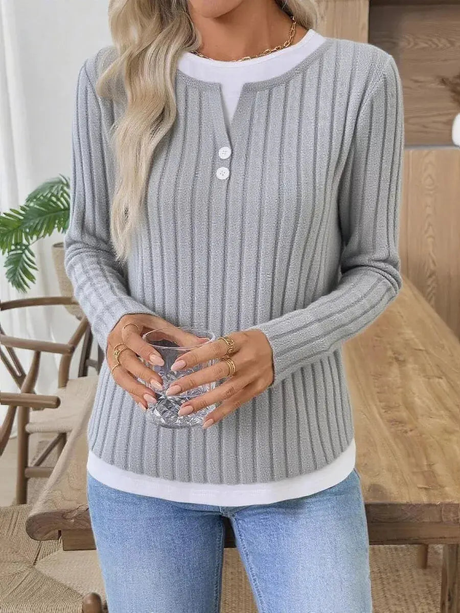 Ribbed Knit Long Sleeve Henley T-Shirt Simply Love