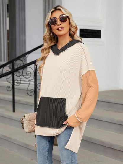 Contrast hooded long sleeve top