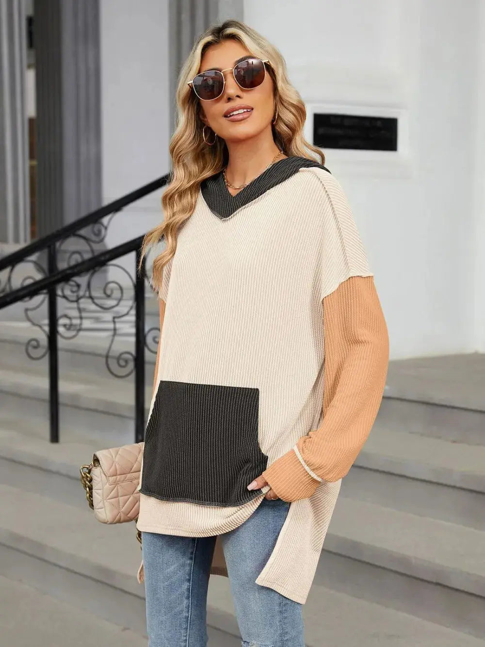 Double Take Contrast Hooded Long Sleeve Top - Love Salve
