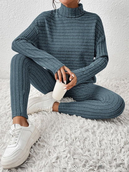 Ribbed Turtleneck Top and Pants Set.