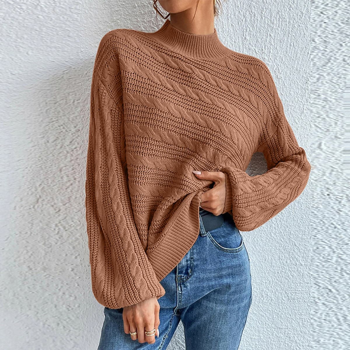 Cable-Knit Mock Neck  Long Sleeve Sweater.