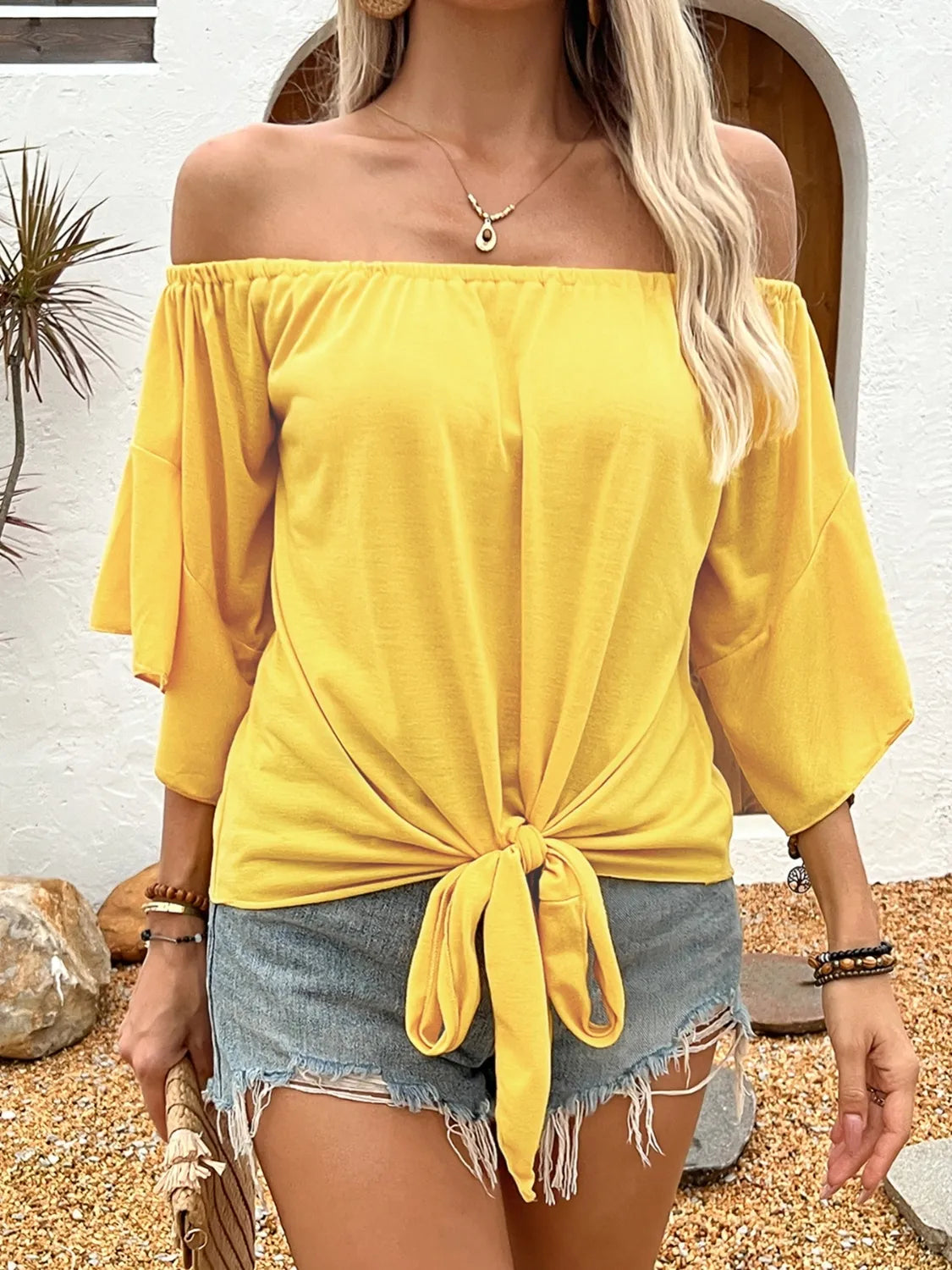 Sunset Breeze Off-Shoulder Tie Front Top