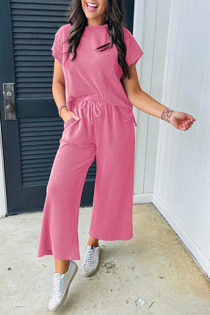 Bright Pink Solid Corded Knit Short Sleeve T Shirt Set