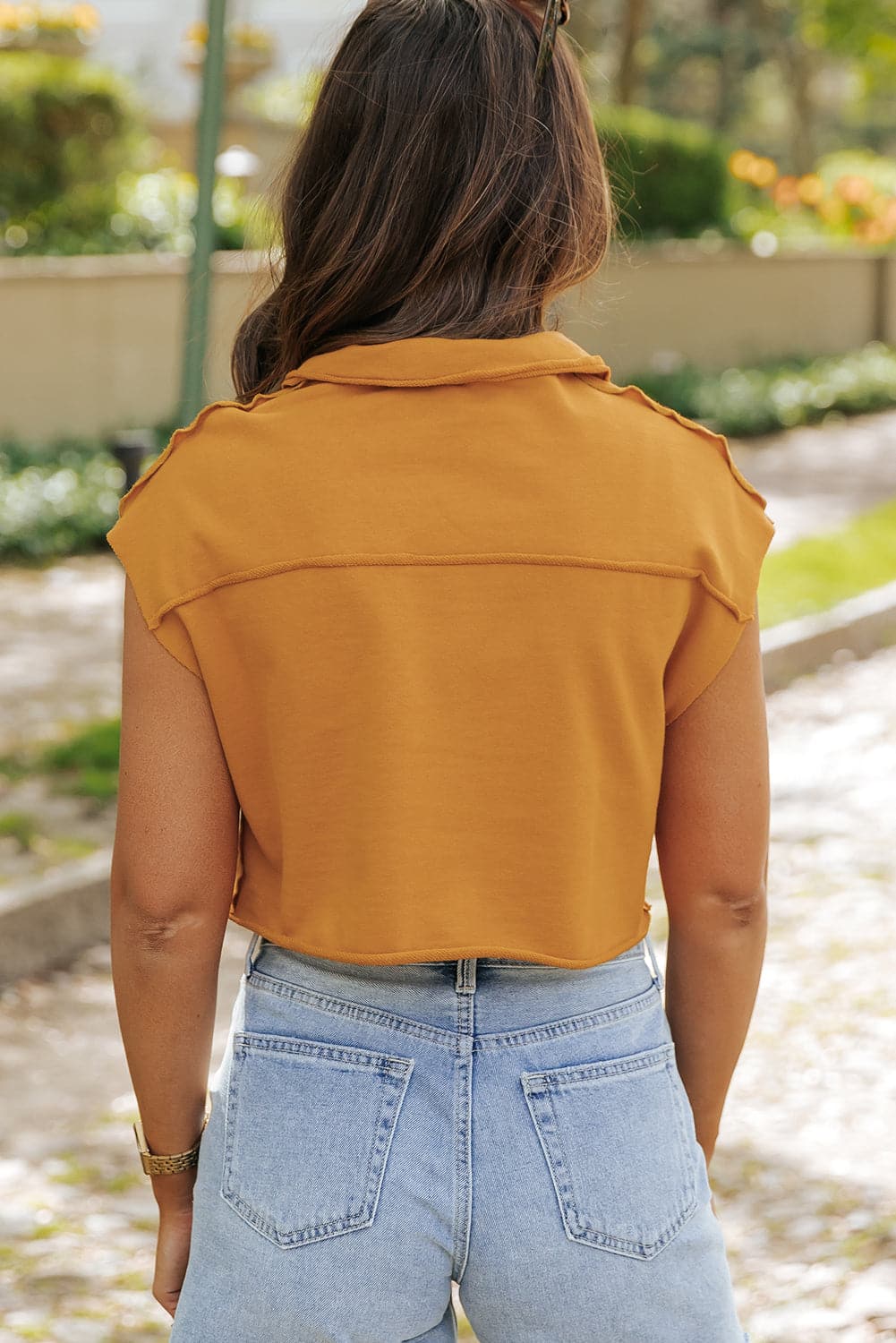 Collared Neck Cap Sleeve T-Shirt.