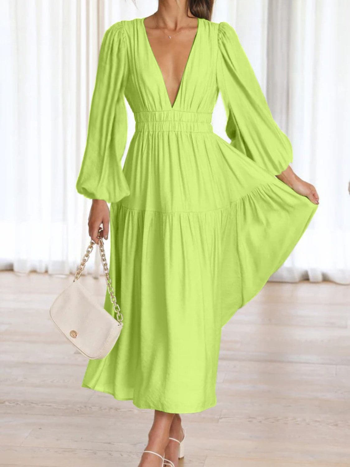 Deep V-Neck Balloon Sleeve Plain Maxi Dress.