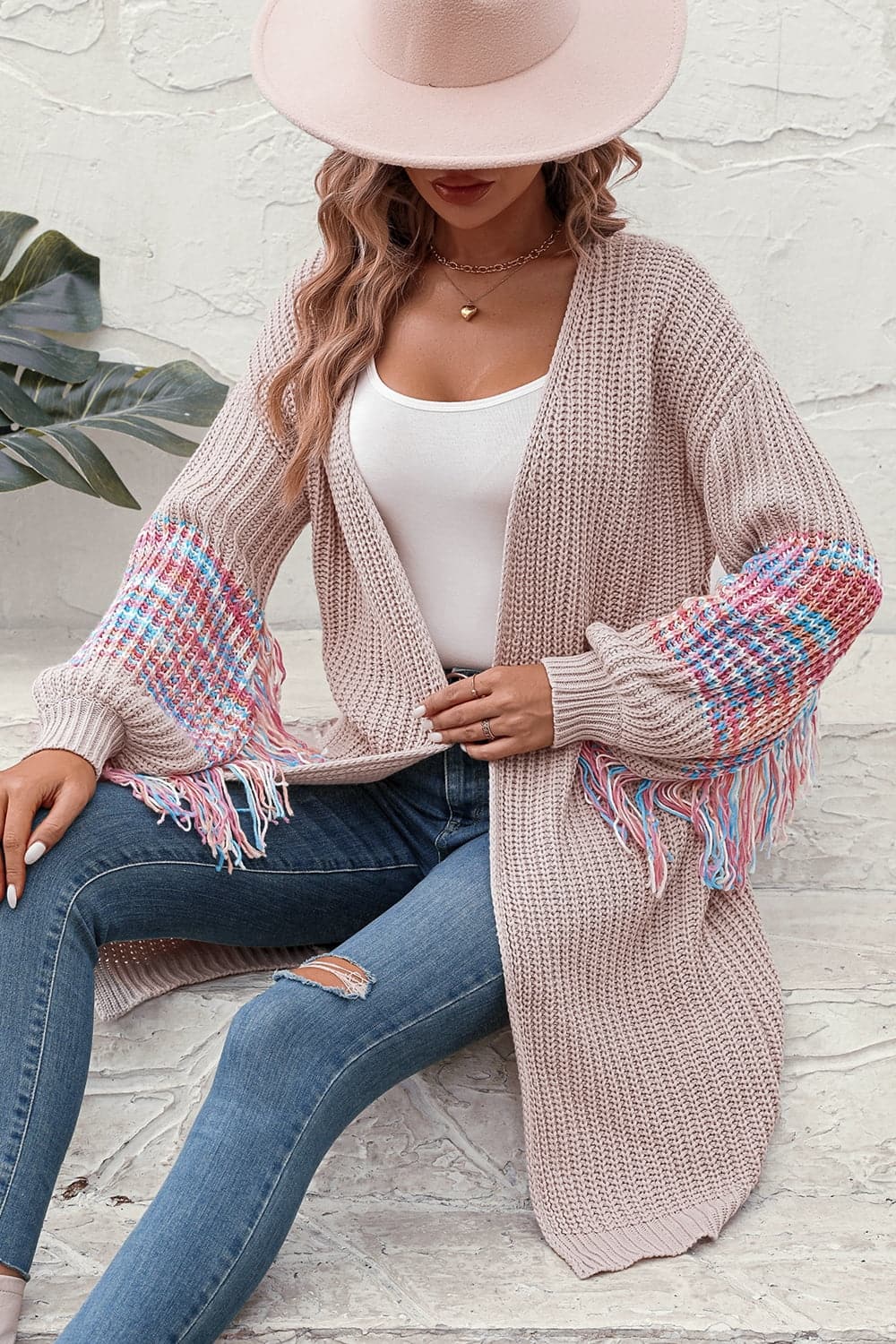 Fringe Sleeve Dropped Shoulder Cardigan.