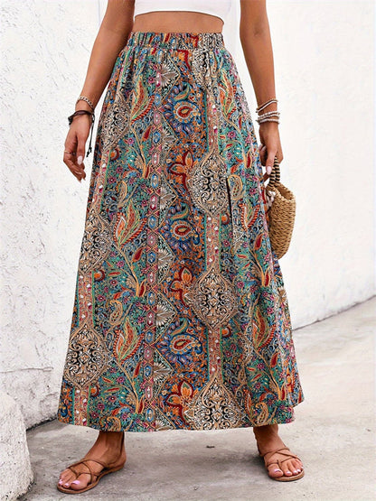 Slit Printed Elastic Waist Skirt.