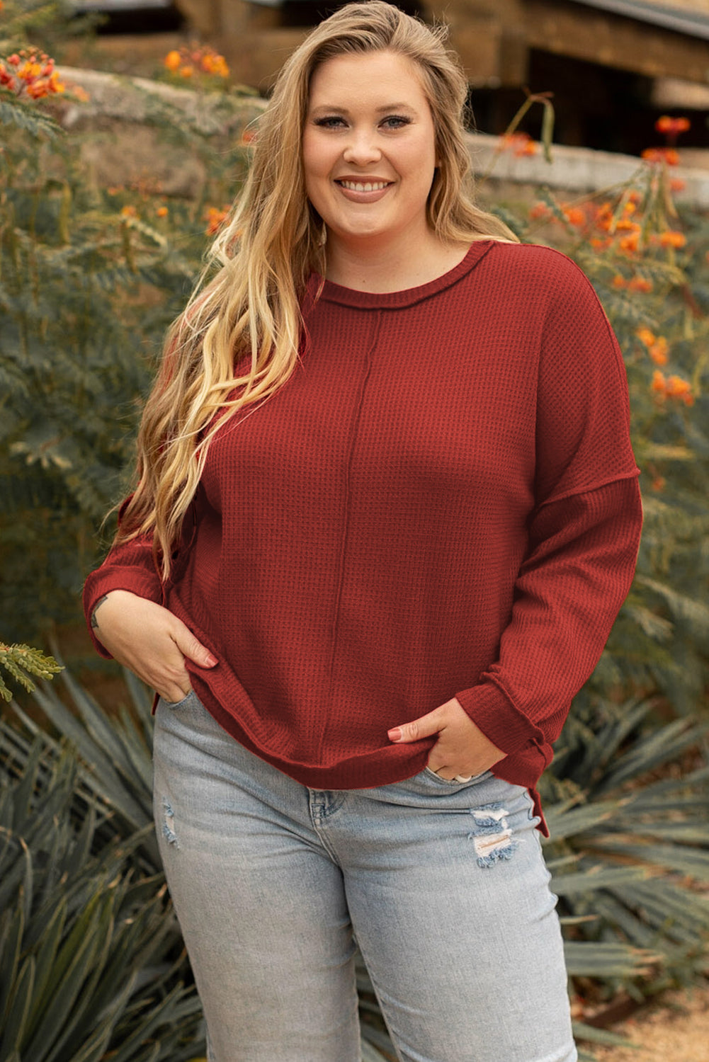 Chic plus size waffle knit top with exposed seam detail