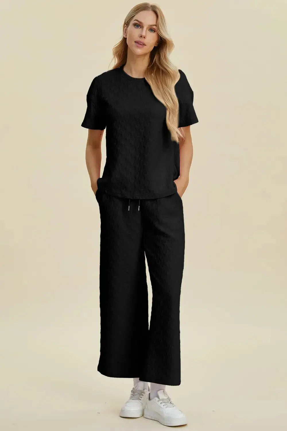 Double Take Full Size Texture Round Neck Short Sleeve Top and Pants Set - Love Salve