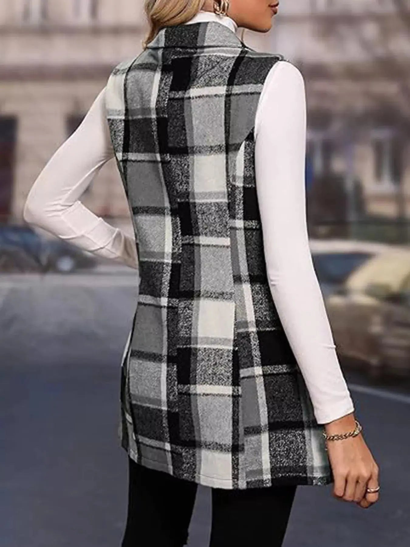 Plaid Button Up Vest Coat For Women Longline Polyester Simply Love