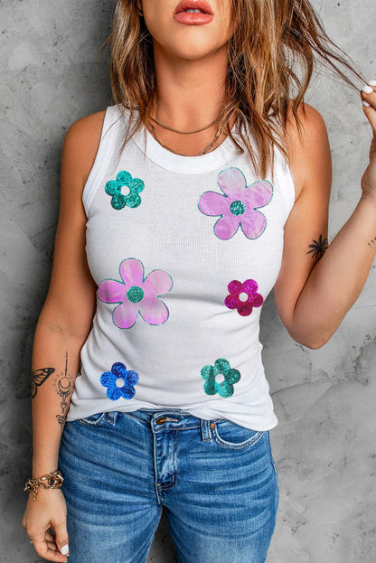 Sequin Flower Round Neck Tank.