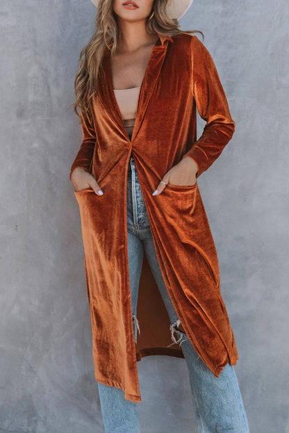 Chic brown velvet long sleeve coat with pockets