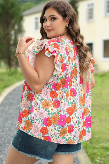 Vibrant floral plus-size ruffle sleeve blouse with notched neckline